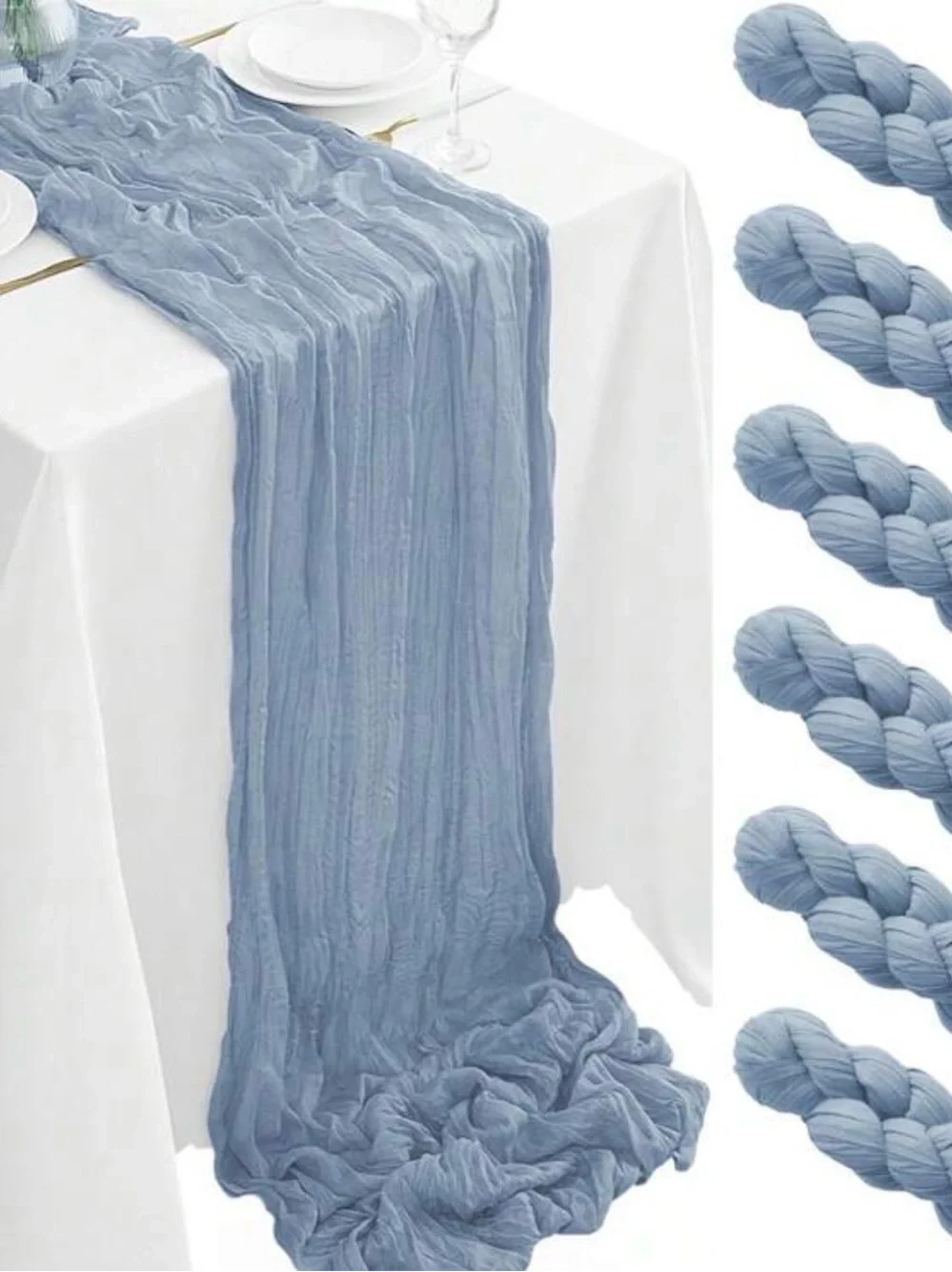 Lot of 12 cheesecloth table runners- dusty blue and sage green (9ft)